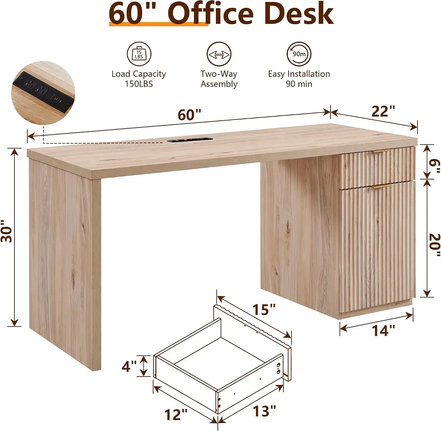 Fluted Office Home Desk Reversible Left Right Cabinet Built In Outlet Reversible Design Fix Cabinet Side Fit Room Layout