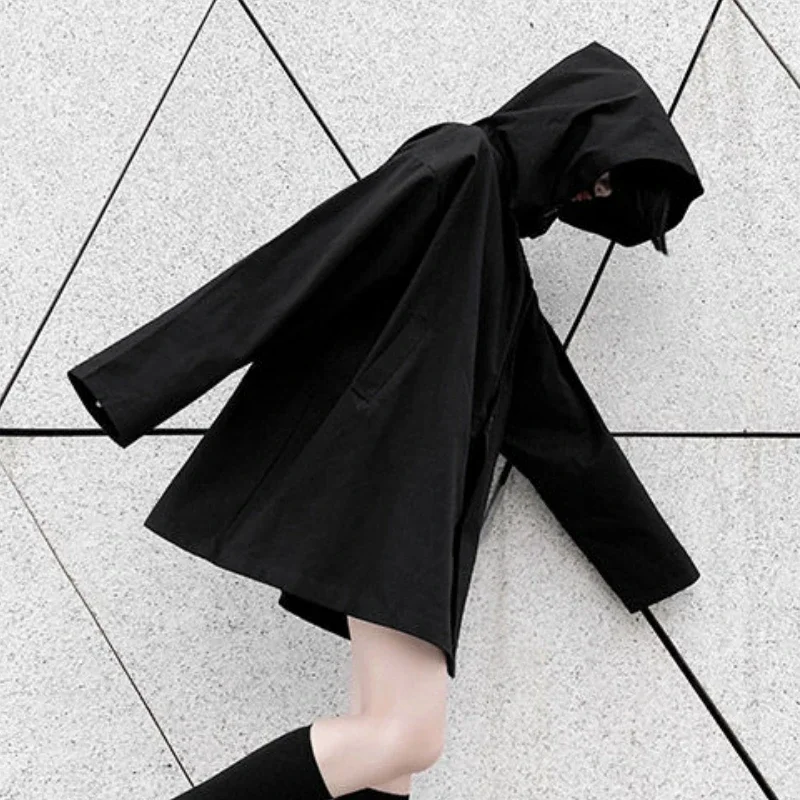 Trench Women Harajuku Black Dark Style BF Hooded Cool Girls Loose New Spring Kroean Fashion Students Chic Streetwear Coats Femme