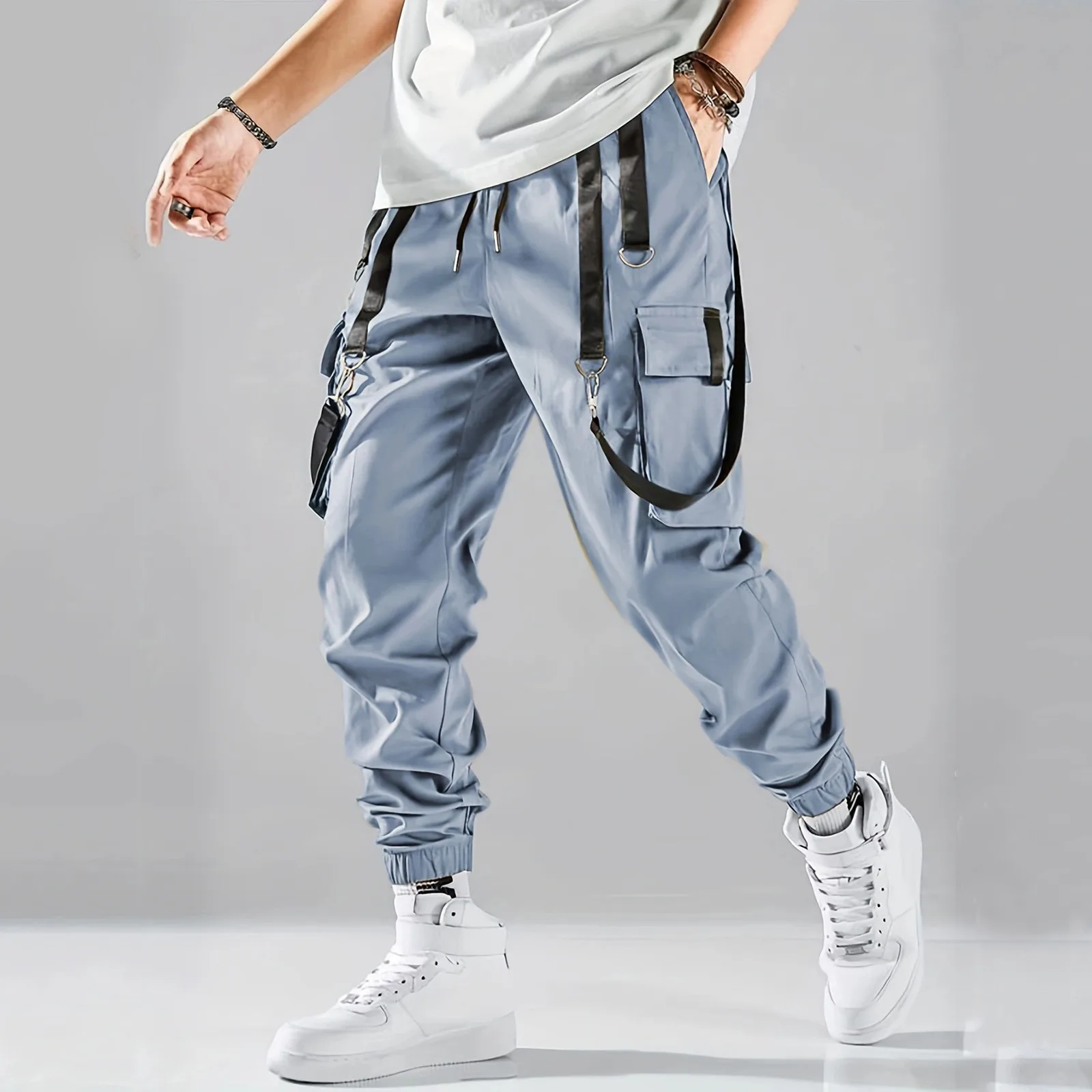 

Classic Streetwear Casual Pants Men Ribbons Harem Jogging Pants Male Slim Fit Spring Cargo Pants Multi-Pockets Women Trouser