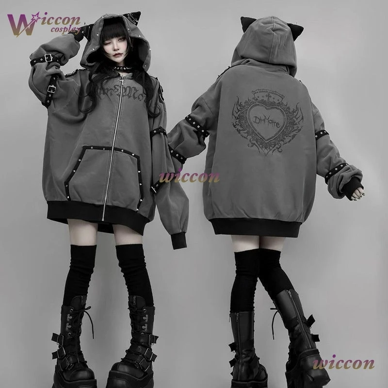 

PandaRICH Streetwear Harajuku Hoodies Jackets Women Clothing Hooded Punk Zipper Coat Japanese Rivet Print Casual Y2k Sweatshirt