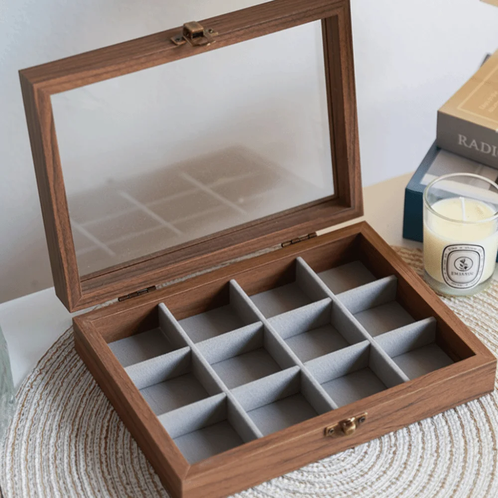 Multipurpose Elegant Wood Jewelry Box Glass Lid Dust-proof Earrings Display Tray Velvet Storage Box Ring Display Holder Store