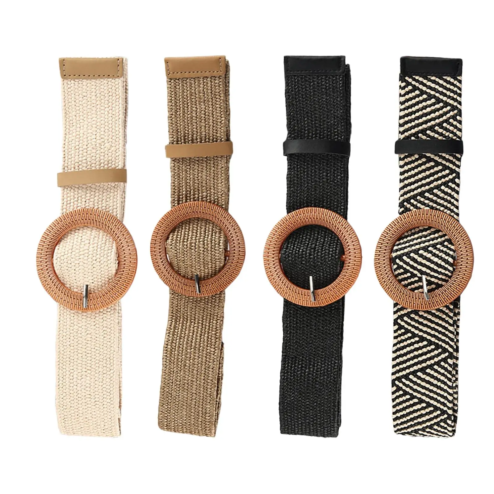 Stro Geweven Riem Decoratieve Riem Casual Dame Taille Riem Rond Houten Gesp