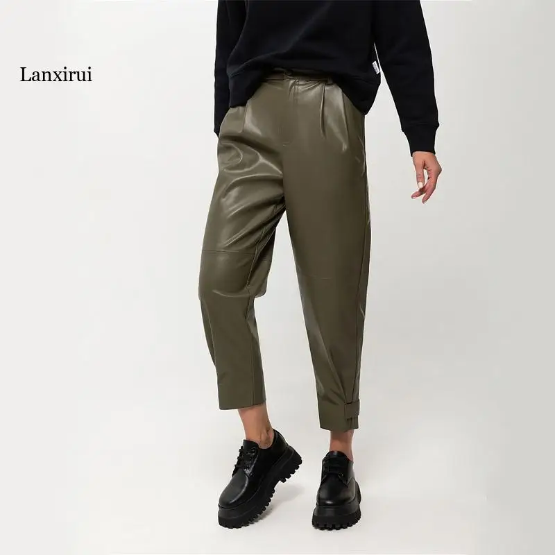 

Women Office Basic Button Zipper Harem Pants 2022 Casual Solid Color Real Pocket Loose Pu Leather Pant Fashion Autumn Trousers