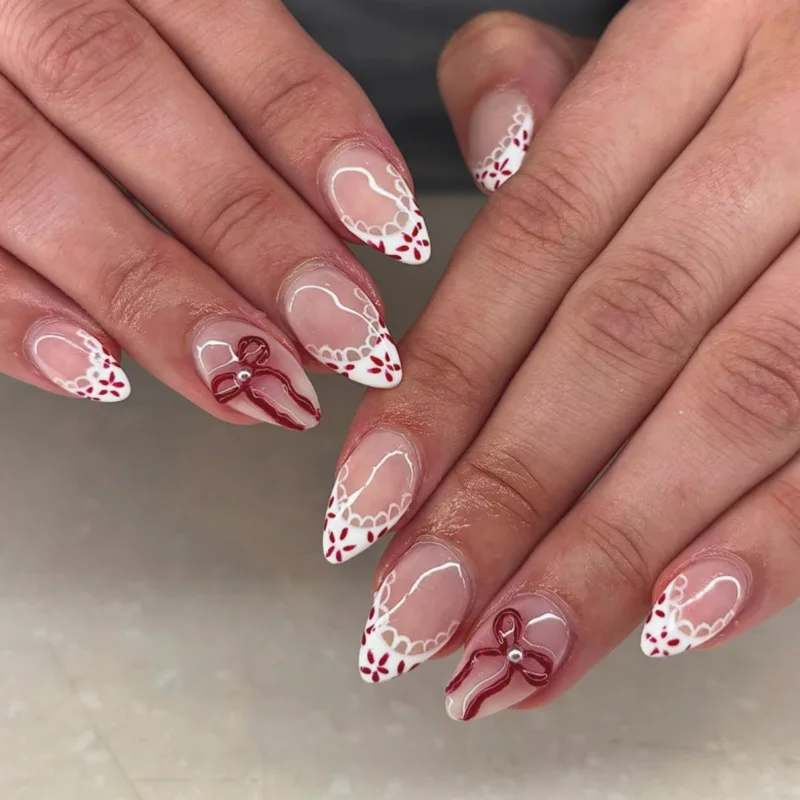 24 uñas almendradas medianas con diseño de leopardo y lazo 3D, francesas con diamantes, para damas 6