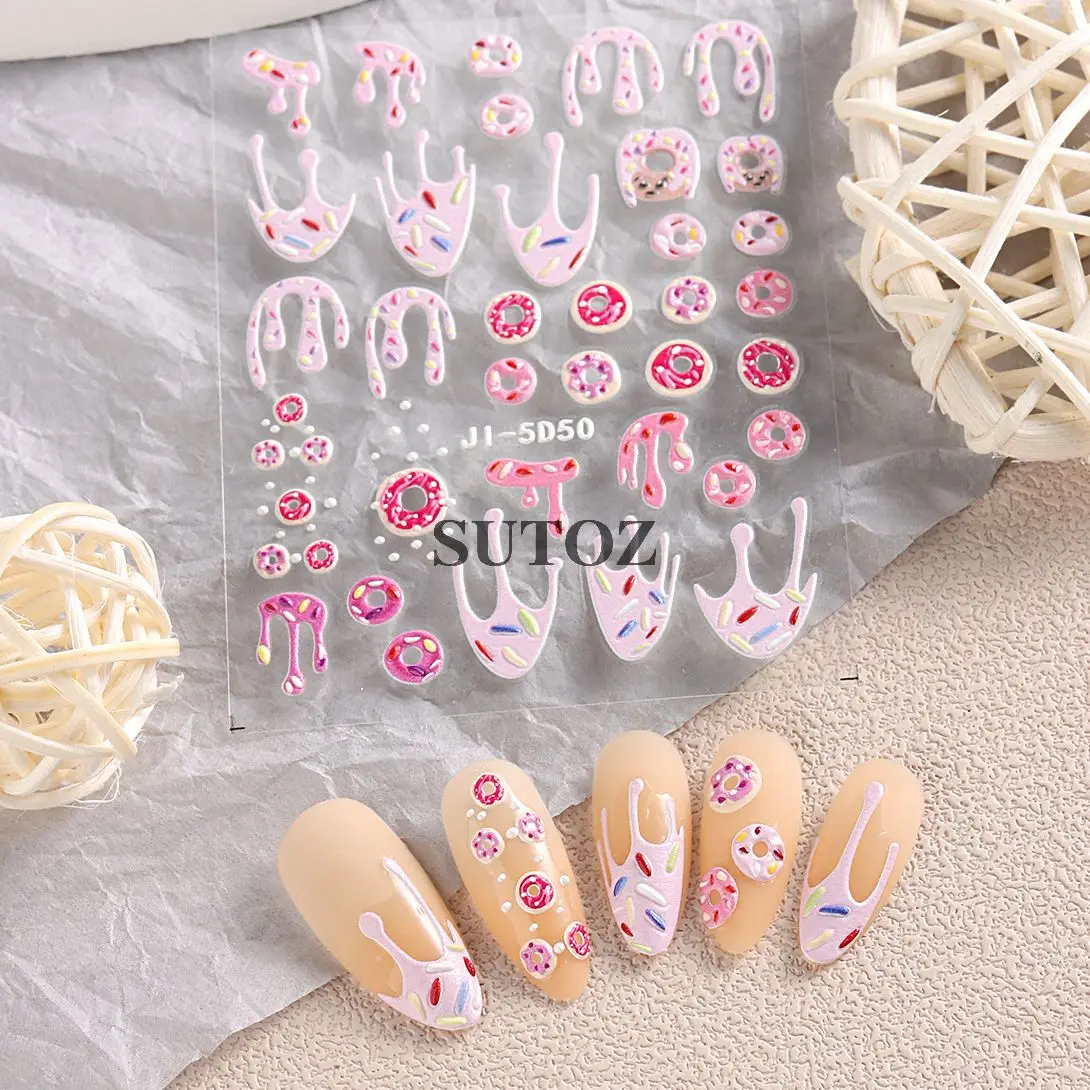 5d rosa Donuts geprägt Nagel Aufkleber bunte Cartoon Eis Kuchen Schokolade Dessert Nail Art Aufkleber Maniküre Dekor LEBJI-5D50