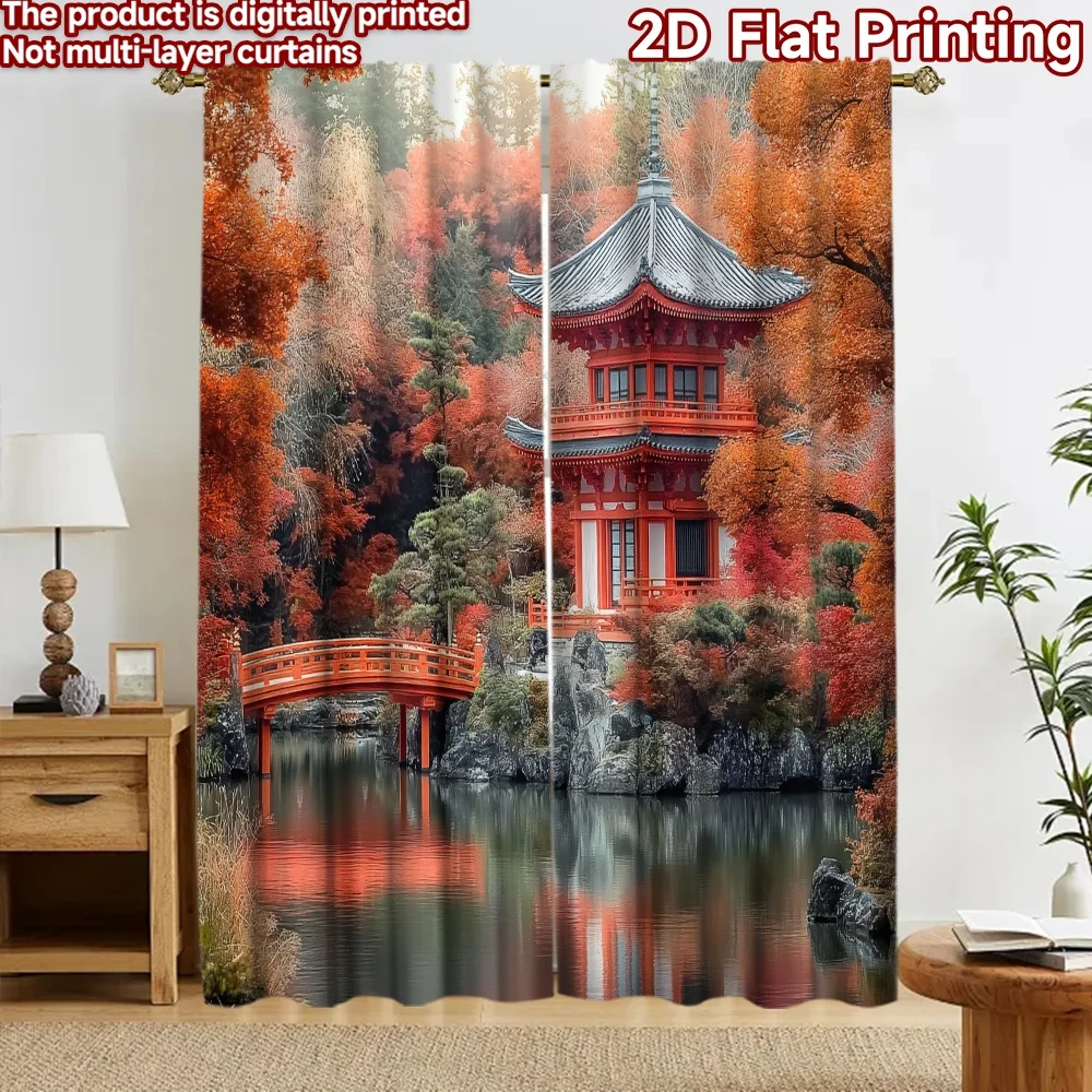 2D flat 2pcs Curtain Modern Minimalist Style Curtains Autumn Japanese Pagoda Digitally printed polyester, colorfast Festive