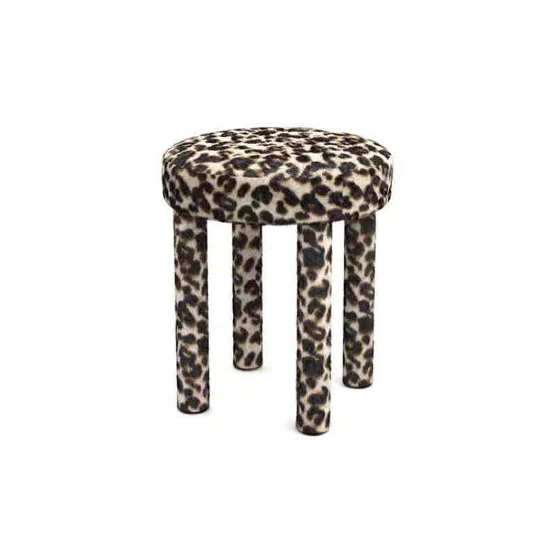 Round stool for home use, leopard print imitation fur dressing stool