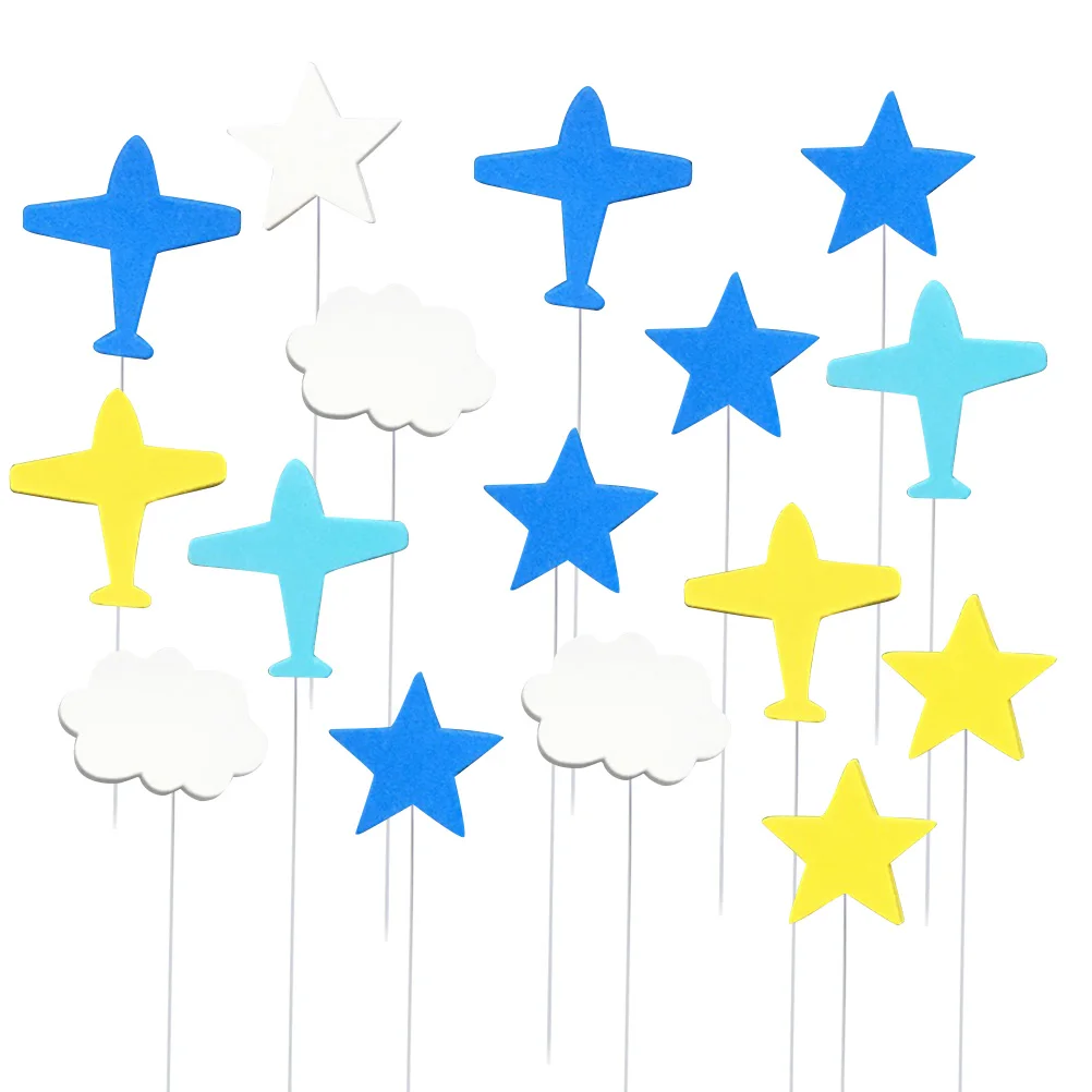 

16pcs Cake Toppers Airplane Theme Party Decorations Cloud Star Plane Eco Friendly Food Grade Foam Iron Wire Picks for Birthday