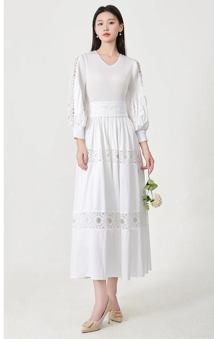 Cross-border best-selling Miyake women's dress with elegant lantern sleeves, hollow embroidery, and a fitted waist with a tie.