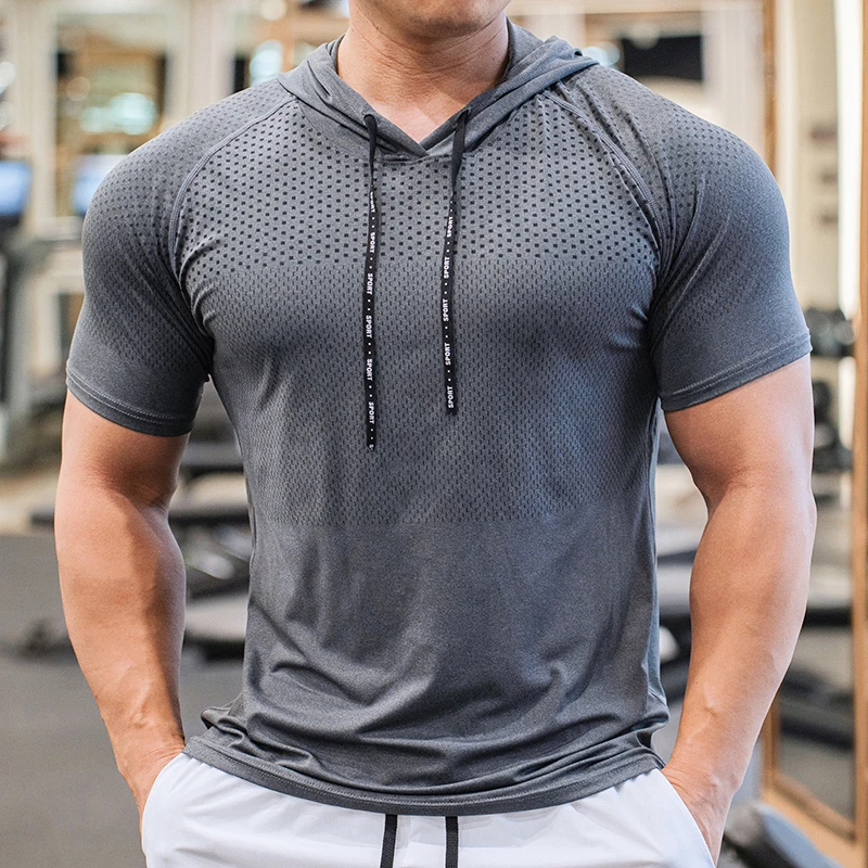 Men Running Hoodies Bodybuilding Sport Hooded Short Sleeve Gyms Fitness Clothing Muscle Shirt Quick Drying Training T-Shirt