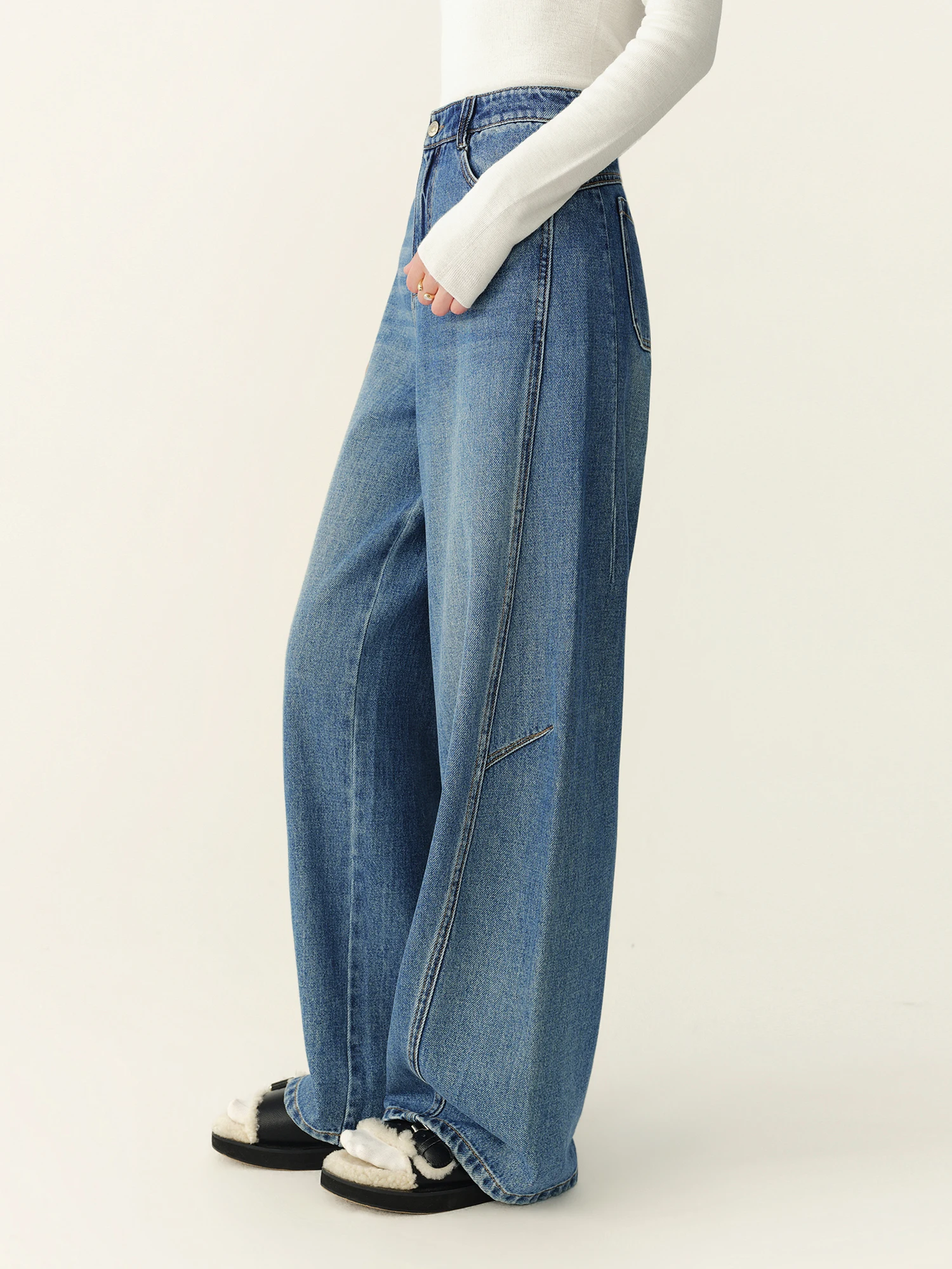 FSLE 2026 Winter Women's Vintage Washed Mid-Rise Paneled Barrel Leg Flattering Jeans - Chic Stylish Casual for Daily Wear