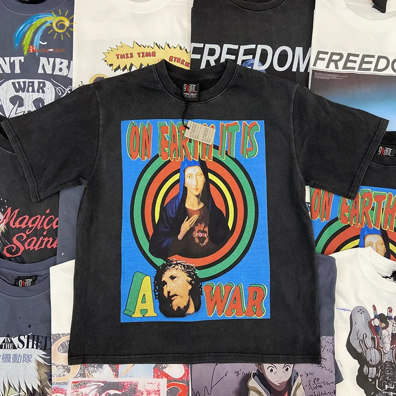 

High Quality Cotton Loose Tee Tops Men Women Colorful Circle Jesus Print Saint T-Shirt Streetwear Vintage Washed Black T Shirt