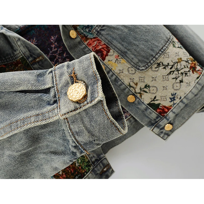 Vintage Blauwe Jacquard Splicing Grote Zak Denim Jas Vrouwen Losse Korte Cowboy Bovenkleding Herfst Nieuwe Koreaanse Jeans Jas Vrouwelijke