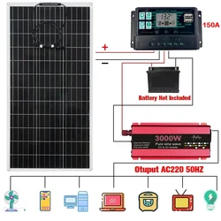 300W(#100W) Solar Panel 12V to 110V/220V 3000W Pure Sine Wave Inverter Solar Power System Kit Battery Charger Power Generation