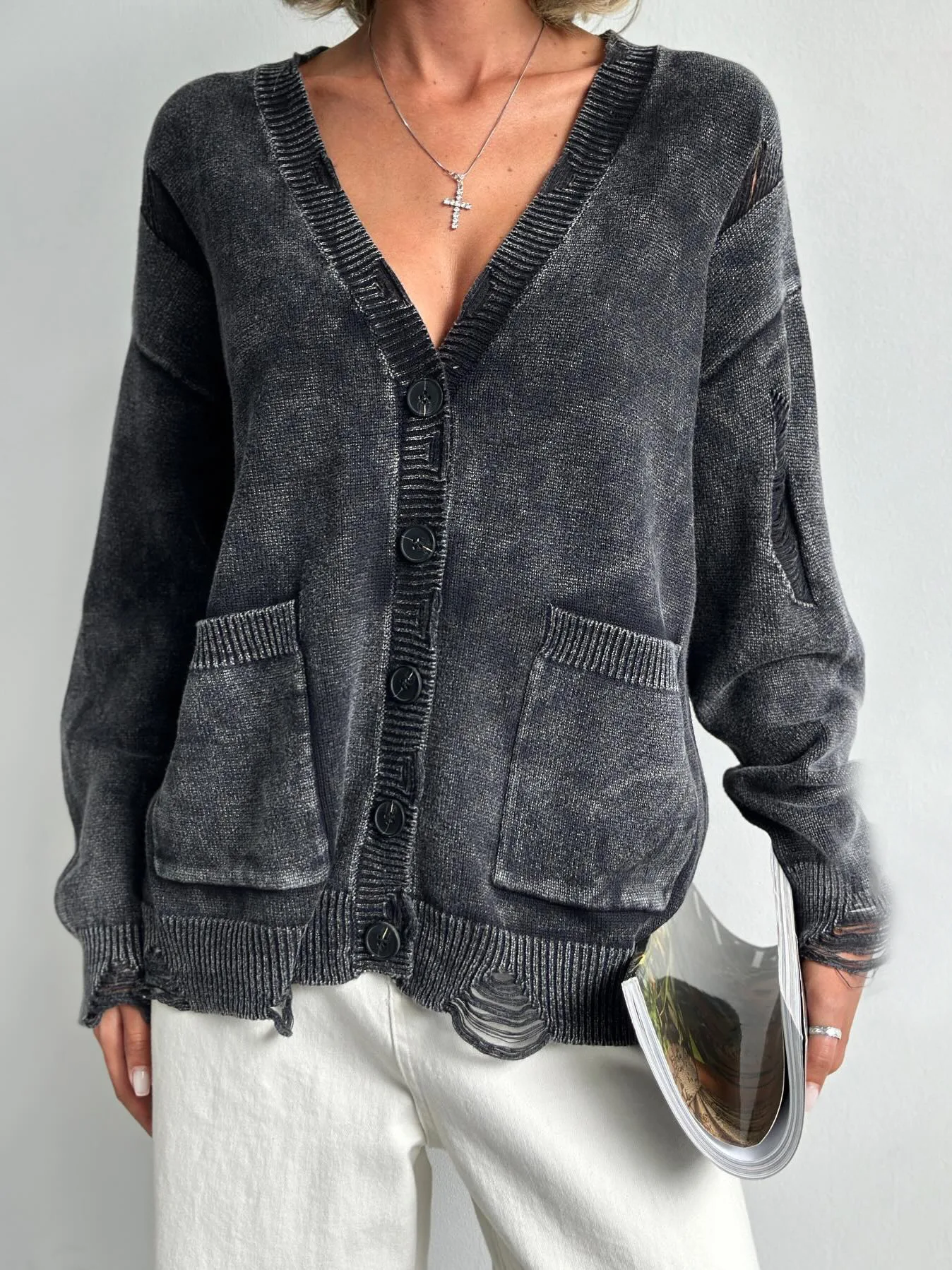 Street Fashion Style Old Washed Tattered Wool Cardigan Jacket Women'S Button Pocket Knitted Sweater Autumn And Winter