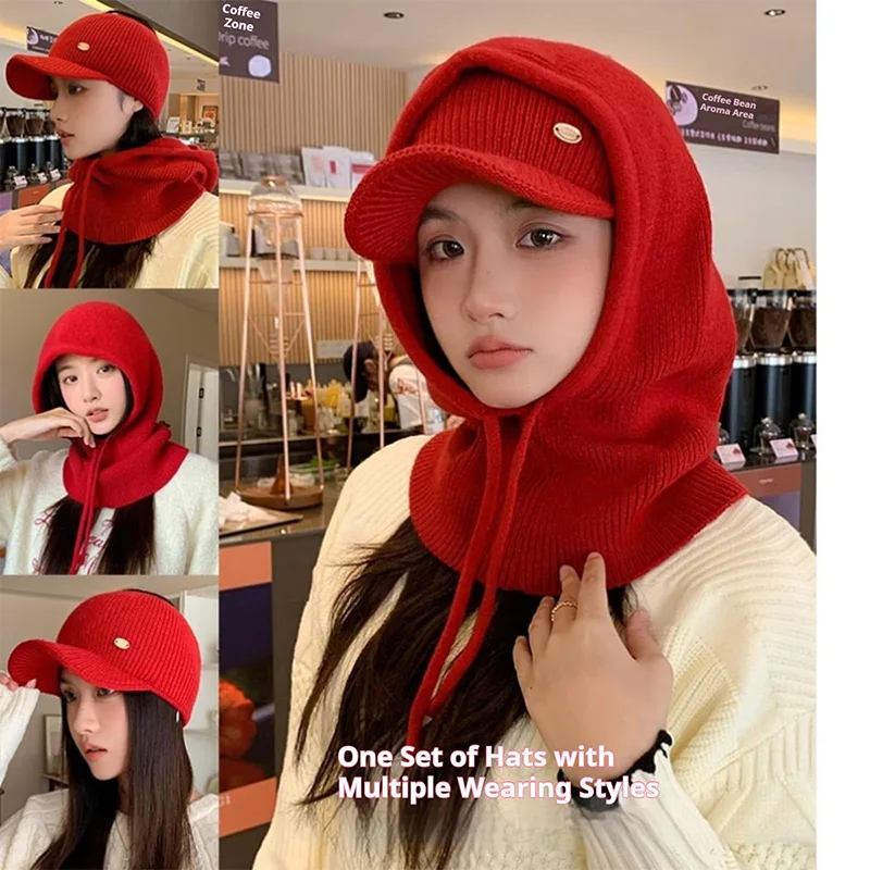 Winter Hats For Women Hooded Scarf Ski Hat Knit Balaclava Skull Beanie Drawstring Warm Winter Outdoor Sports Caps Christmas Gift