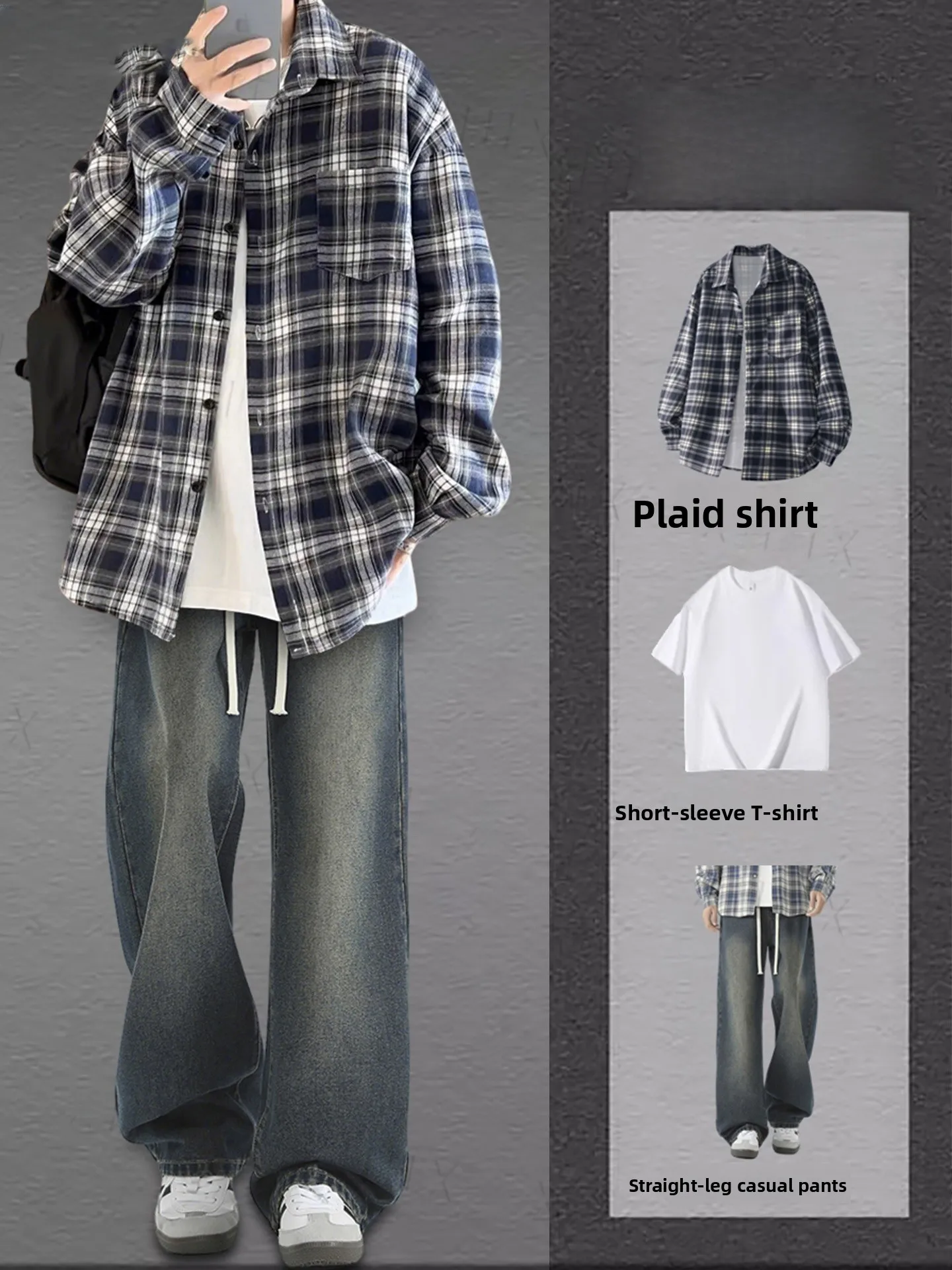 

Autumn Faion Tee-Piece Set Men's Plaid irt Cool Brand OOTD Jeans Casual Sportswear Long Sve Long Pants for Teenagers