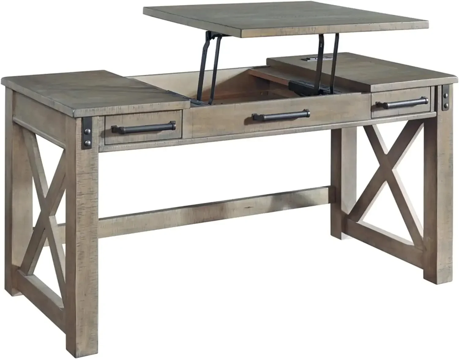 Aldwin Rustic Farmhouse 60" Home Office Lift Top Desk with Charging Ports, Distressed Gray