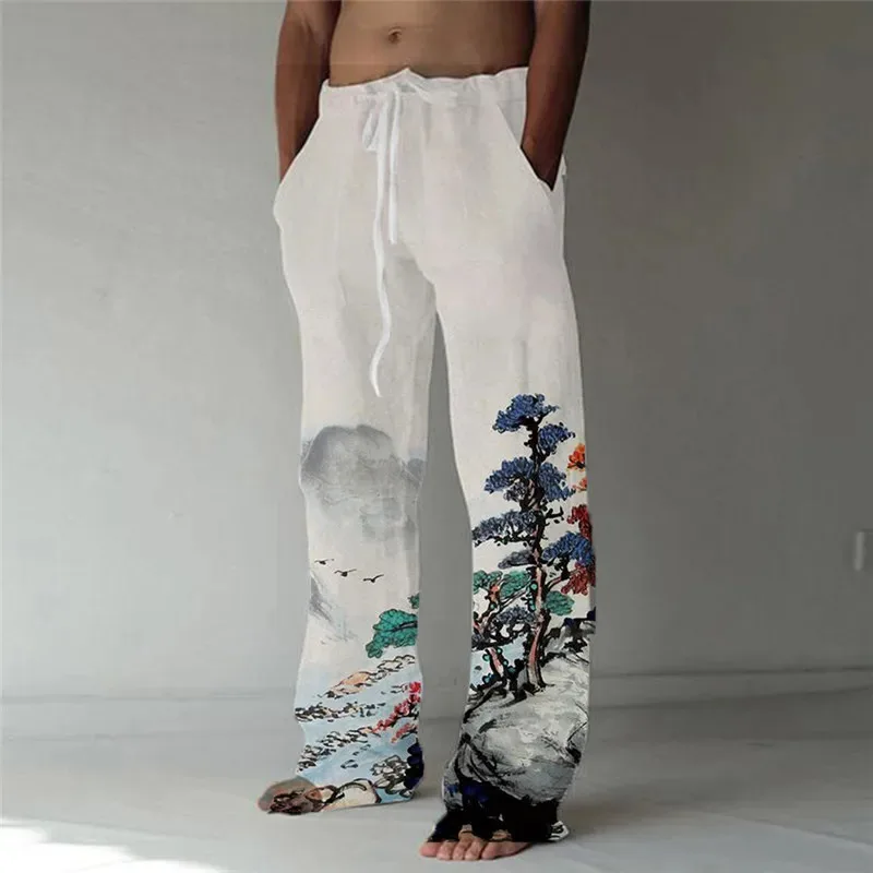 الصيف الرجال خمر الأزهار 3D المطبوعة واسعة الساق السراويل عطلة السراويل فضفاضة غير رسمية هاواي نمط بناطيل الشواطئ