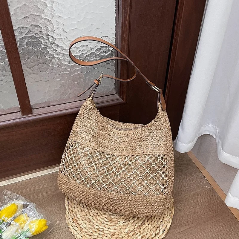 

Fabric Hollow Out Solid Color Tote Bags Summer New Sewing 2025 Brand Bags for Women Simple Fashion Vacation Women's Handbags