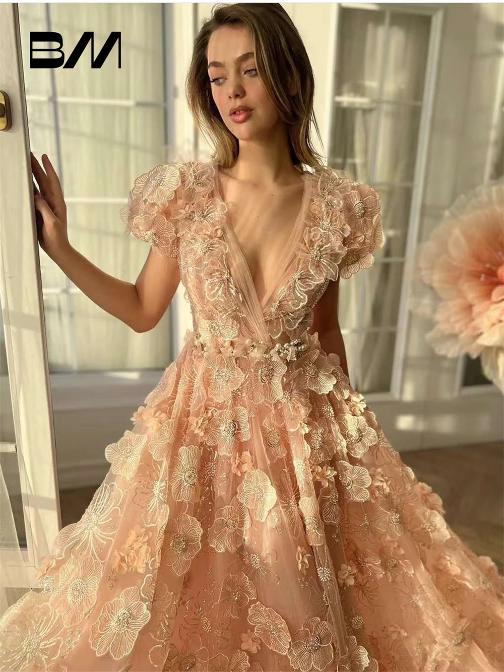 

Real Images A Line Long Evening Dress With 3D Floral Appliques Beaded Sequins Women Prom Dresses Sweet Flare Sleeve Party Gown