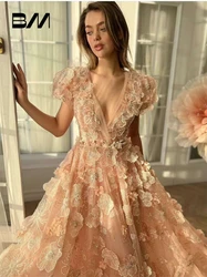 Real Images A Line Long Evening Dress With 3D Floral Appliques Beaded Sequins Women Prom Dresses Sweet Flare Sleeve Party Gown