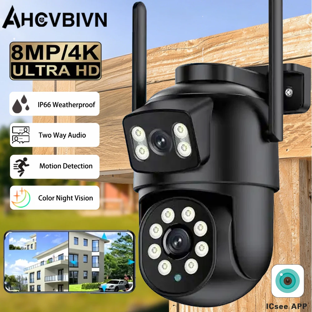 

4K 8MP Wi-Fi уличная камера с двумя объективами, HD, двойные экраны, PTZ, IP-камера, цветное ночное видение, камера безопасности, приложение ICsee