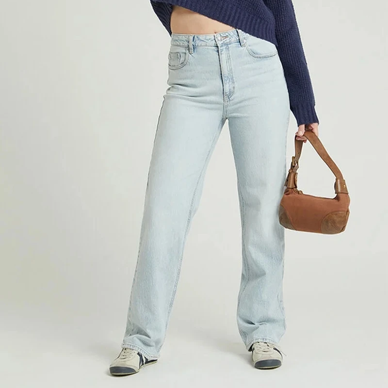 Damenjeans mit Taschen, schlicht, stilvoll, blau, niedrige Taille, lässig, weites Bein, Denim-Hose