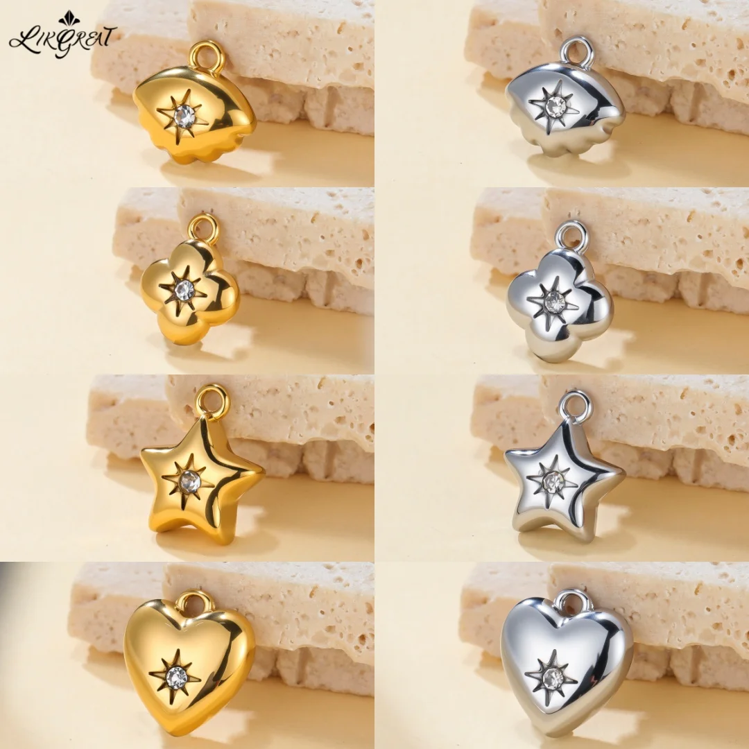 5pcs Minimalist Starburst Cubic Zirconia Charm 3D Puffy Shell/Leaf Clover/Star/Heart Stainless Steel Pendants For Jewelry Making