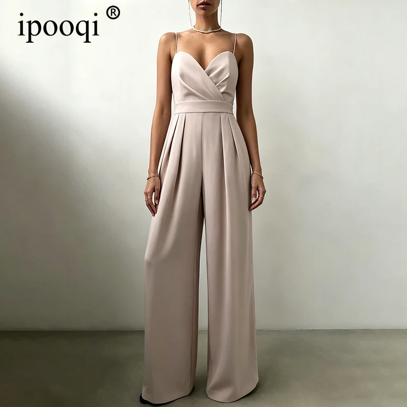 

ipooqi Spaghetti Strap Wide Leg Jumpsuit Women Sexy V-Neck Backless High Waist Rompers Female Solid Evening Party Club Overalls
