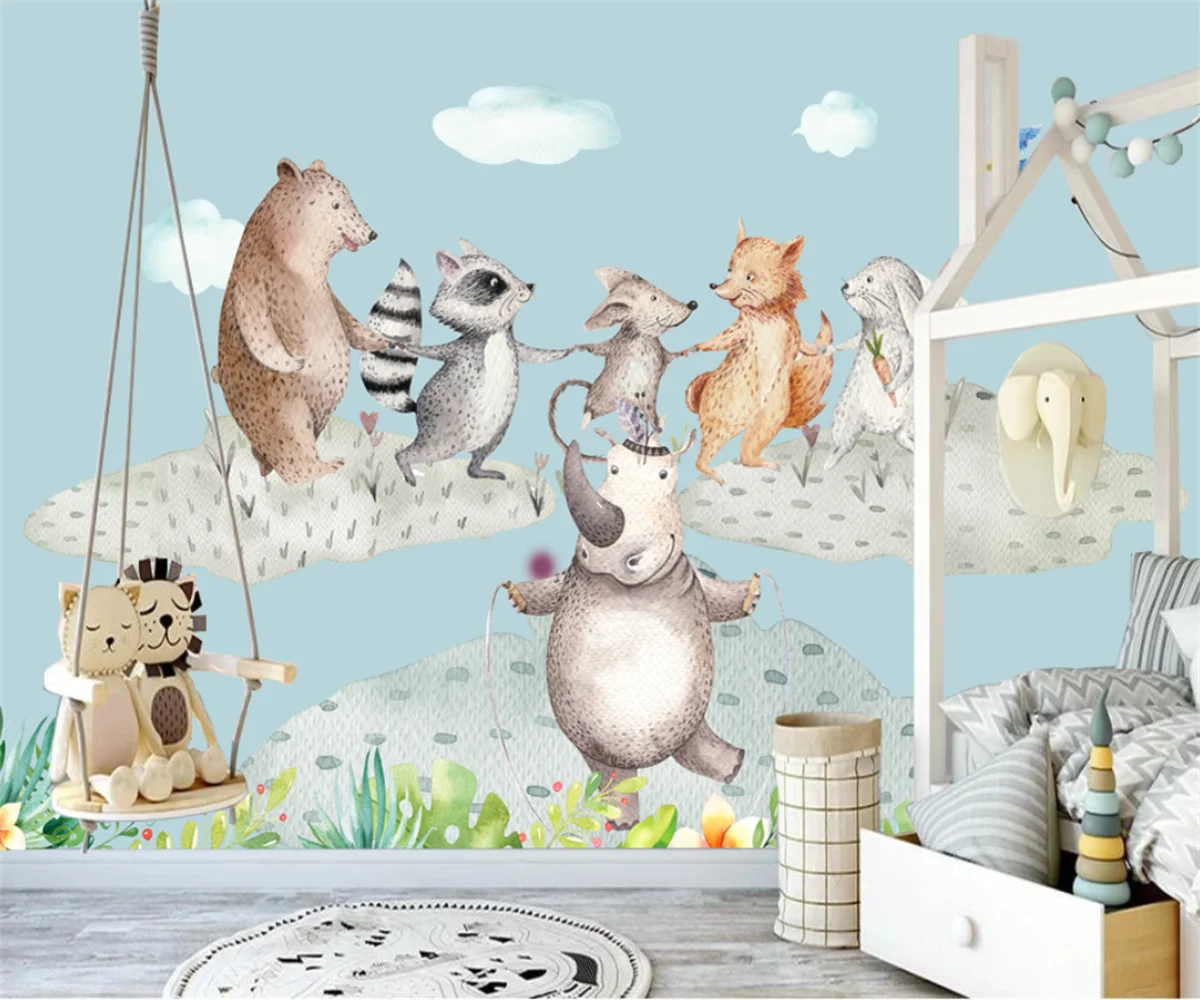 Customize any photo mural Nordic cartoon forest animals children\'s room background wall decoration wallpaper mural