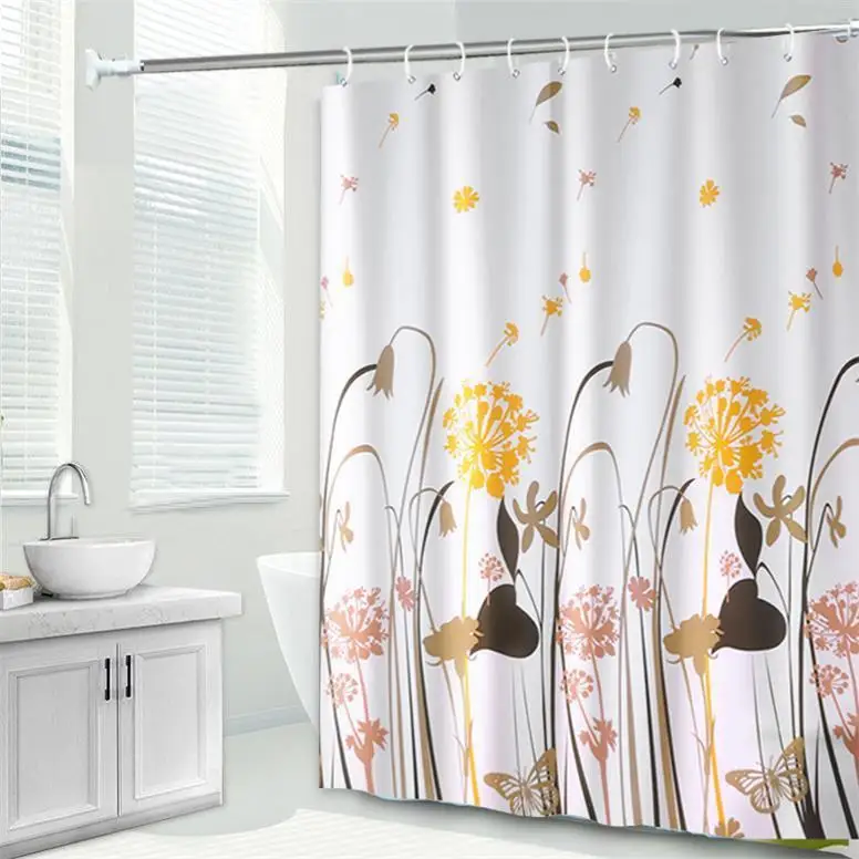 Shower Curtain Waterproof Postal Style Dandelion Floral Print White Bathroom Curtains with Hooks Water Resistant PEVA Fabric