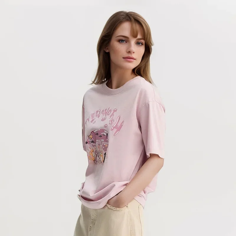 Semir Short Sleeve T-Shirt Women Loose Cartoon Printing Playful Niche 2024 New Summer Drop Shoulder Pullover Lovely