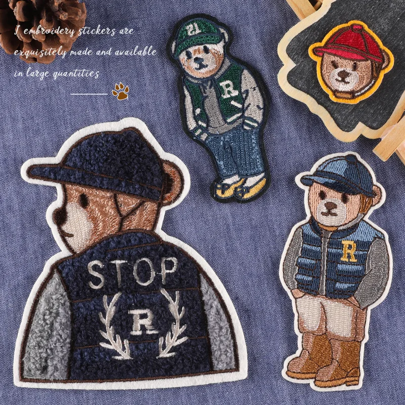 1 Pcs Gentleman Bear Embroidered Cloth Patch DIY Iron Applique Clothes for Jacket Patchs Anti Imperfection Anime Patches Iron-on