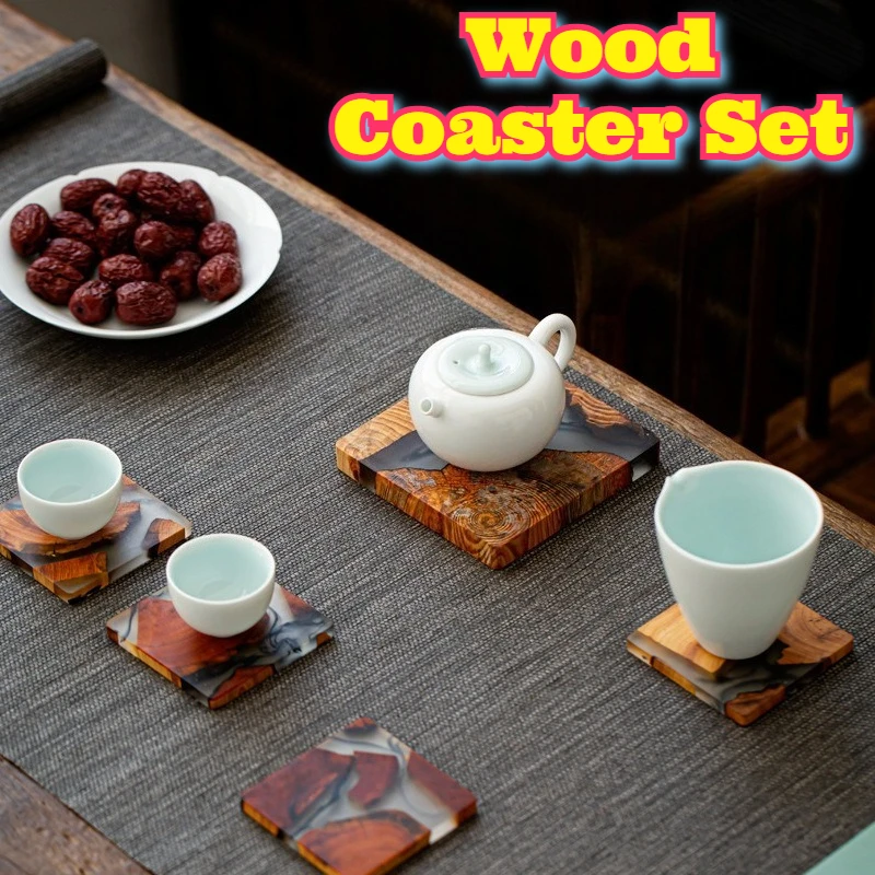 

Wood Coaster Set Solid Wood Resin Heat Resistant Cup Mat Teacup Saucer Stand Tray Tea Ceremony Accessories Home Table Kitchen