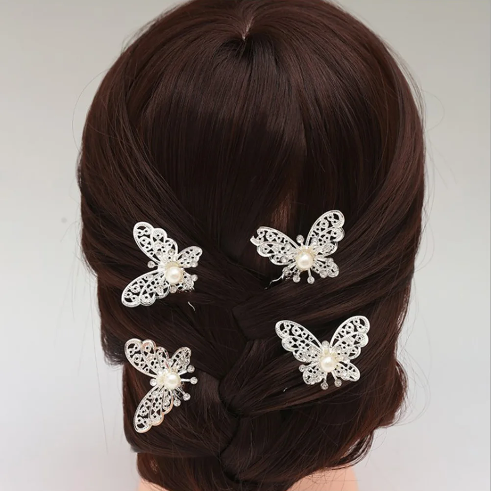 

12pcs Retro Butterfly Imitation Pearl U-Shaped Hair Stick Elegant Headdress For Women Banquet Wedding Party Gift White