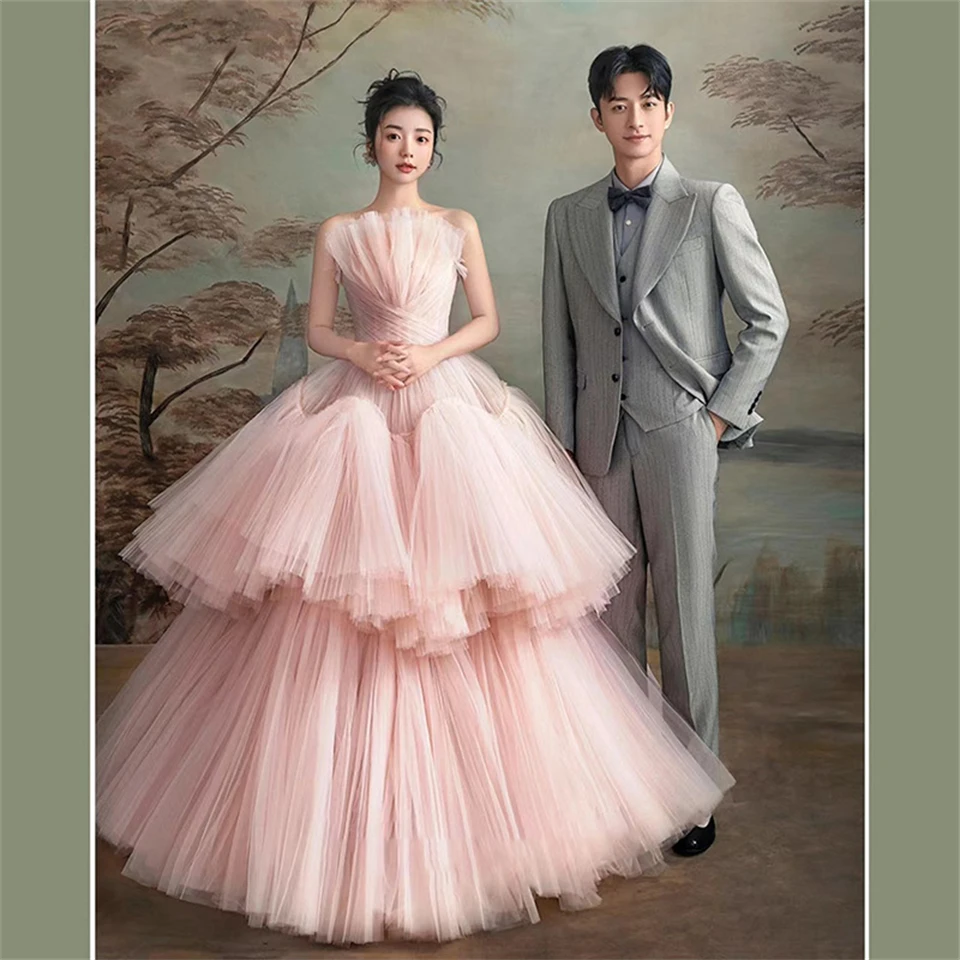 Customized Scalloped Neck Tulle Tiered Pink Ball Gown 2024 Formal Evening Dresses for Women Sweep Train Party Dresses Prom Dress