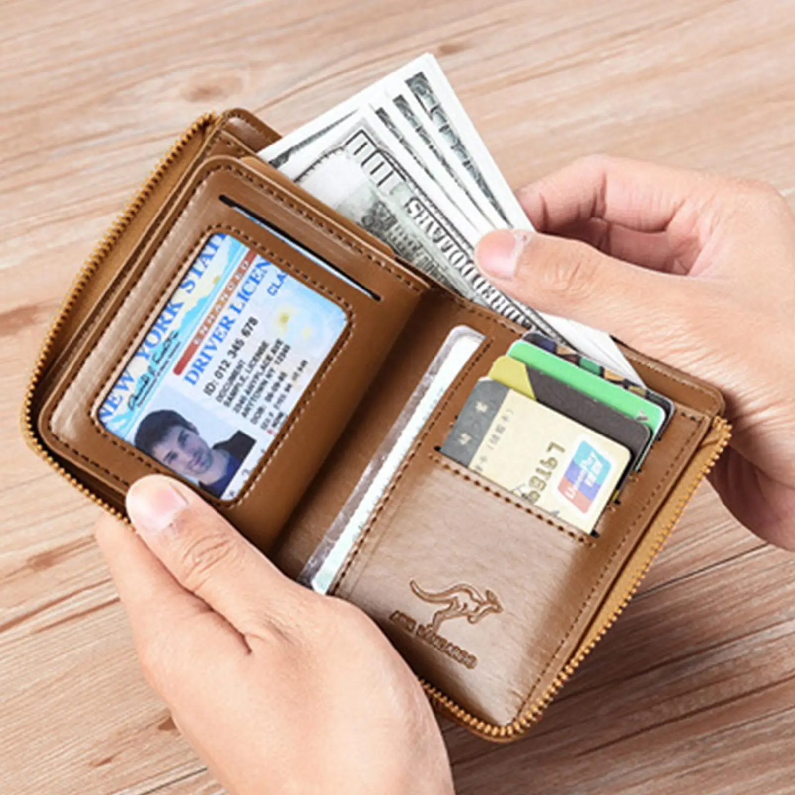 محفظة بسحاب من الجلد الطبيعي للرجال، تصميم قديم مع نافذة لبطاقة الهوية وجيب للعملات المعدنية، محفظة ذات سعة كبيرة للبطاقات النقدية