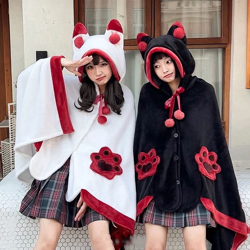 Cartoon Fox Nighttime Pajamas Shawl Cape Canopy Coral Fleece Winter Hooded Sweatshirt Cute Cat's Claw Printed Loose Women's