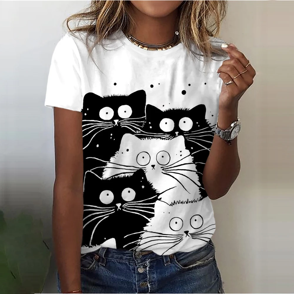 Fashion Women\'s T-Shirt Cat Printed Short Sleeve Female Harajuku Tees T Shirt Oversized O-Neck Tops Animal Funny Ladies Clothing