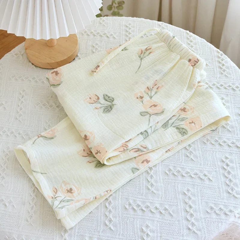 2025 New Women's Spring/Summer Pure Cotton Crepe Pants 100% Cotton Ladies Home Pants Large Flower Casual Thin Large Size Pants