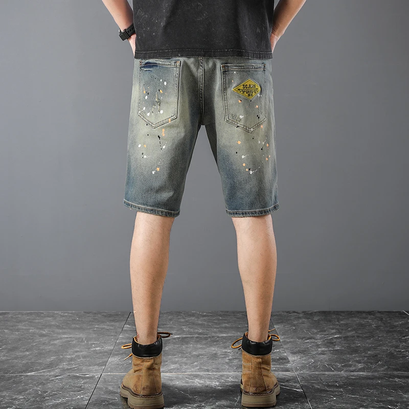 

JXN1015 American casual summer spray dots paint denim shorts men handsome personality printing Slim retro trend
