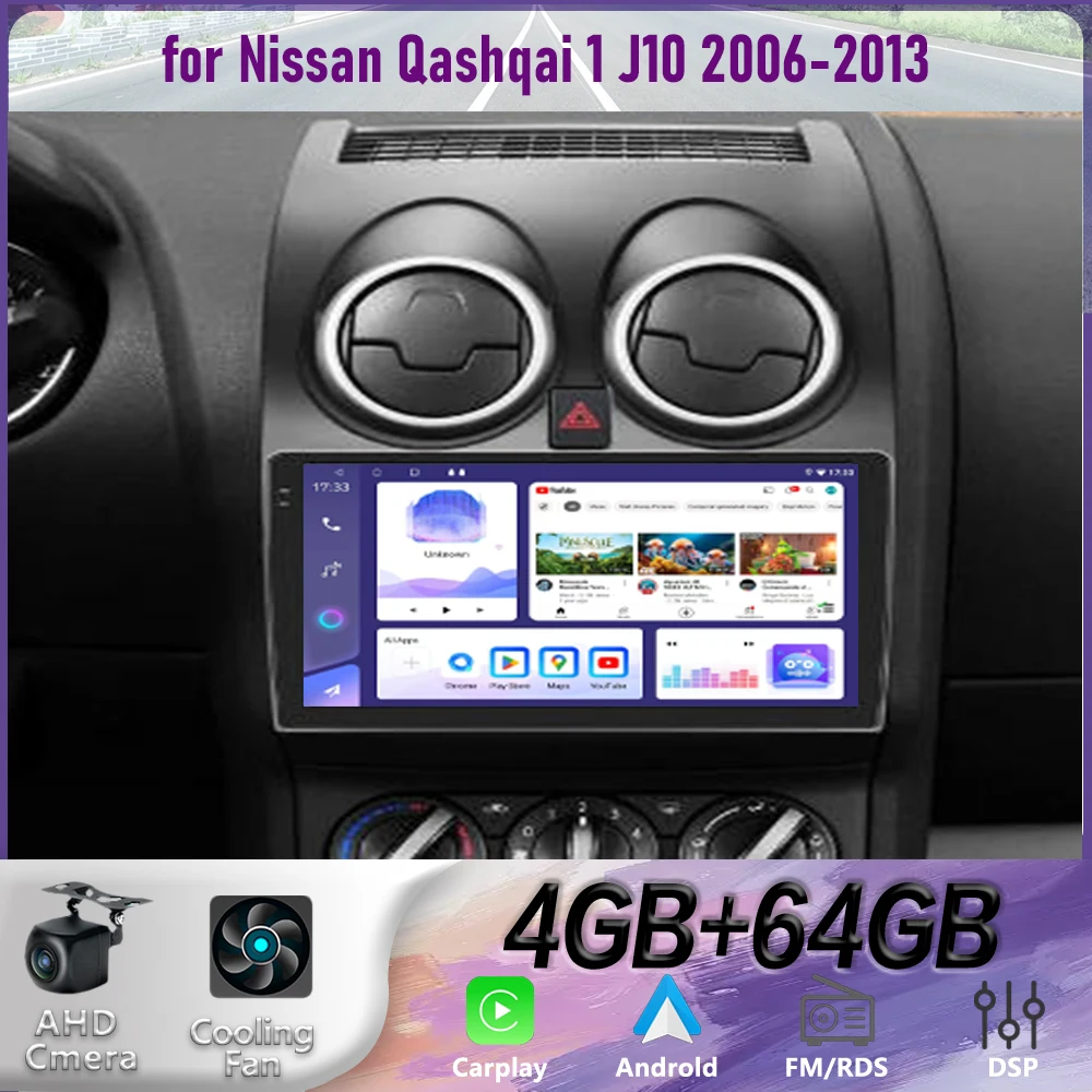 

GPS 9“ For Nissan Qashgai1 J10 2006-2013 Wireless CarPlay Android 15 Car Radio WIFI Multimedia Player Head Google 4GB+64GB