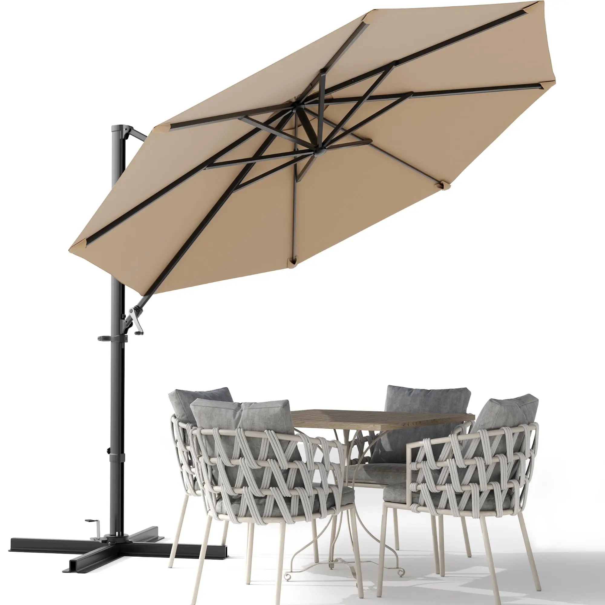 10ft Cantilever Patio Umbrella, Round Large Outdoor Umbrella with 360-Degree Rotation, Hanging Offset Market Sun