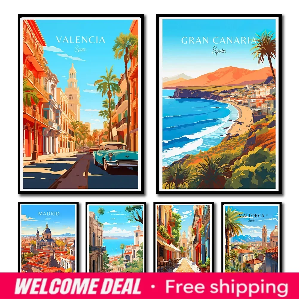 2026  Spain Travel Poster Paris Gran Canaria Barcelona Madrid Granada Landscape Canvas Print Painting Wall Art Picture Room H