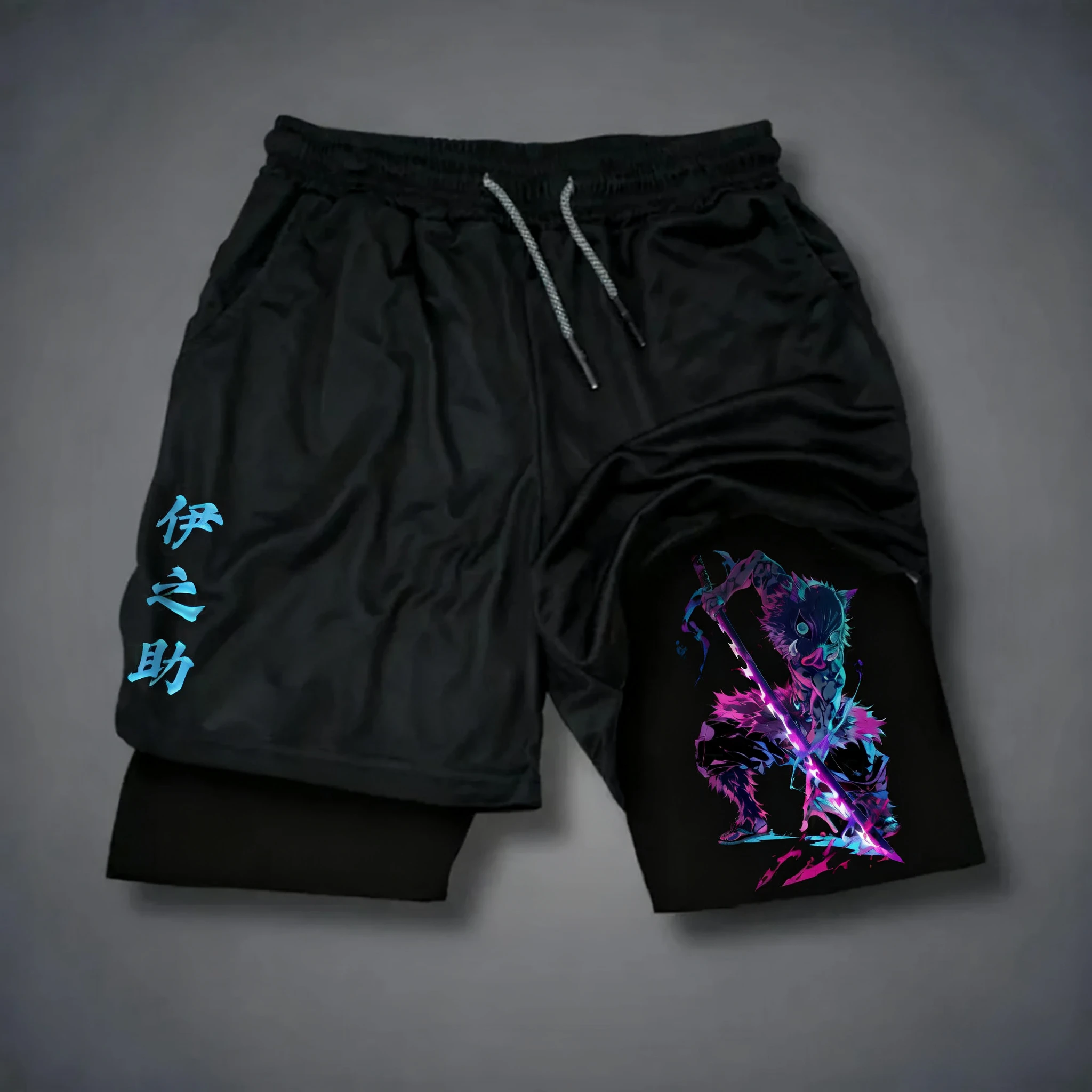 بانداي شيطان القاتل المطبوعة الرجال السراويل مزدوجة الطبقات 2026 الصيف الأمريكية فضفاضة وتنفس ورياضية شورتات الموضة #4