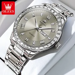 OLEVS-Reloj de pulsera de acero inoxidable con diamantes para hombre, cronógrafo de mano con calendario, fecha, esfera romana, resistente al agua, de alta calidad