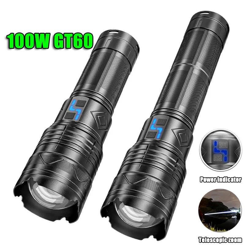 F2 Powerful 100W GT60 High Power LED Flashlight Super Bright Camping Spotlight Torch Outdoor Tactical Flashlight edc Flash Light