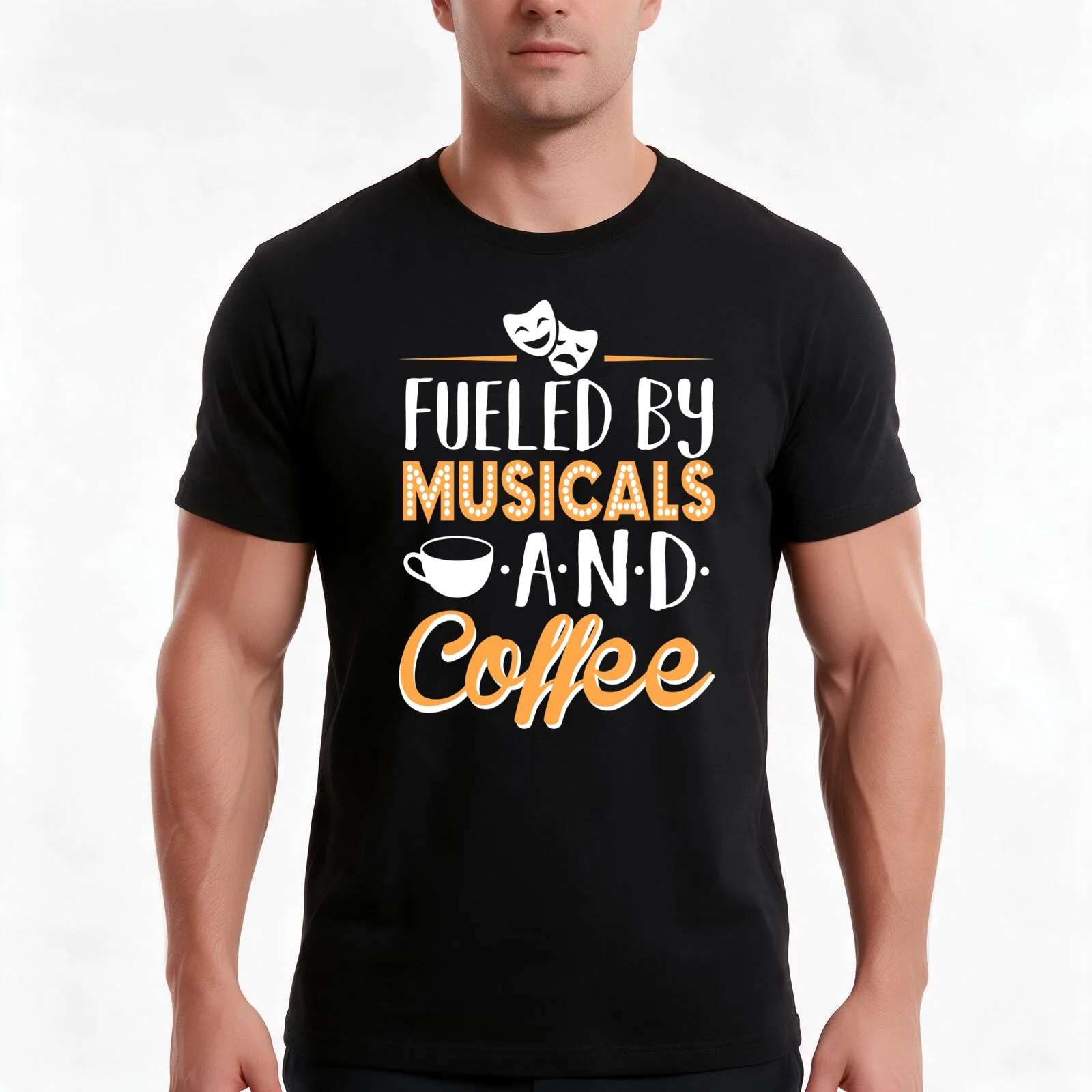 Fueled by Musicals and Coffee T-Shirt, Summer Casual Cotton Tee, Oversized Streetwear Tops, Vintage Graphic Print, 100% Cotton
