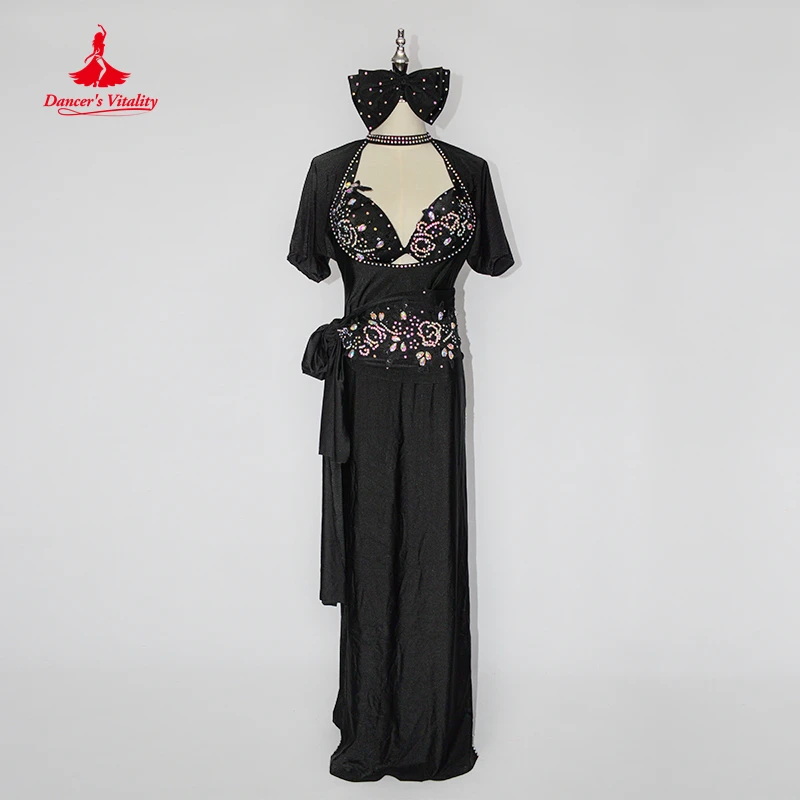 Ropa de rendimiento folclórico de danza del vientre para mujer, sujetador, bata, diadema, cinturón y calzoncillos, traje de baile, 4 piezas, nuevo